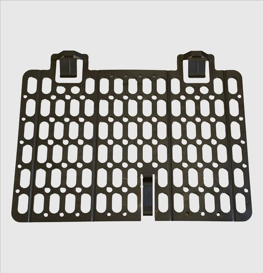 A black scaffolding brick guard mesh with a honeycomb pattern and loops at the top for attachment.